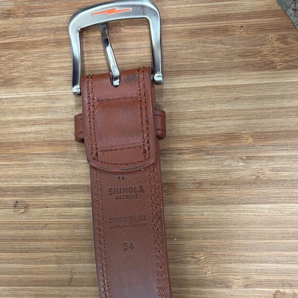 Shinola Detroit Tan Leather Size 34 Belt with Silver Buckle - Picture 2 of 7